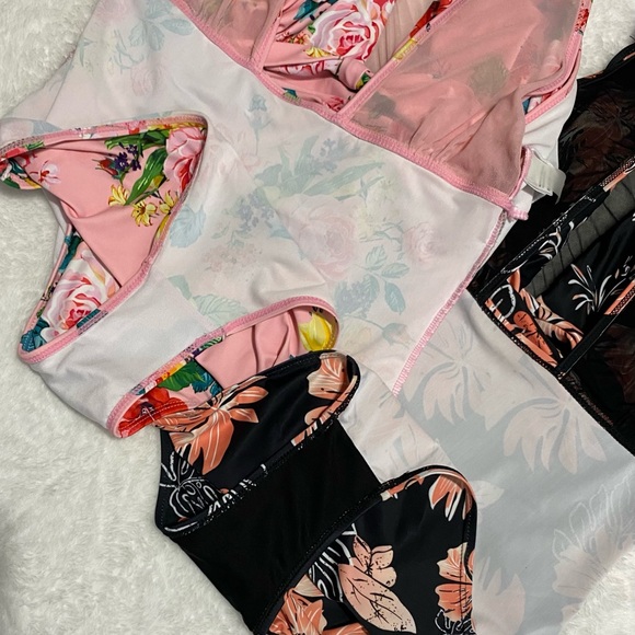 2️⃣ Tempt Me Women’s One Piece Swimsuits Pink and Black Flower V-Neckline Mesh. - Picture 6 of 16
